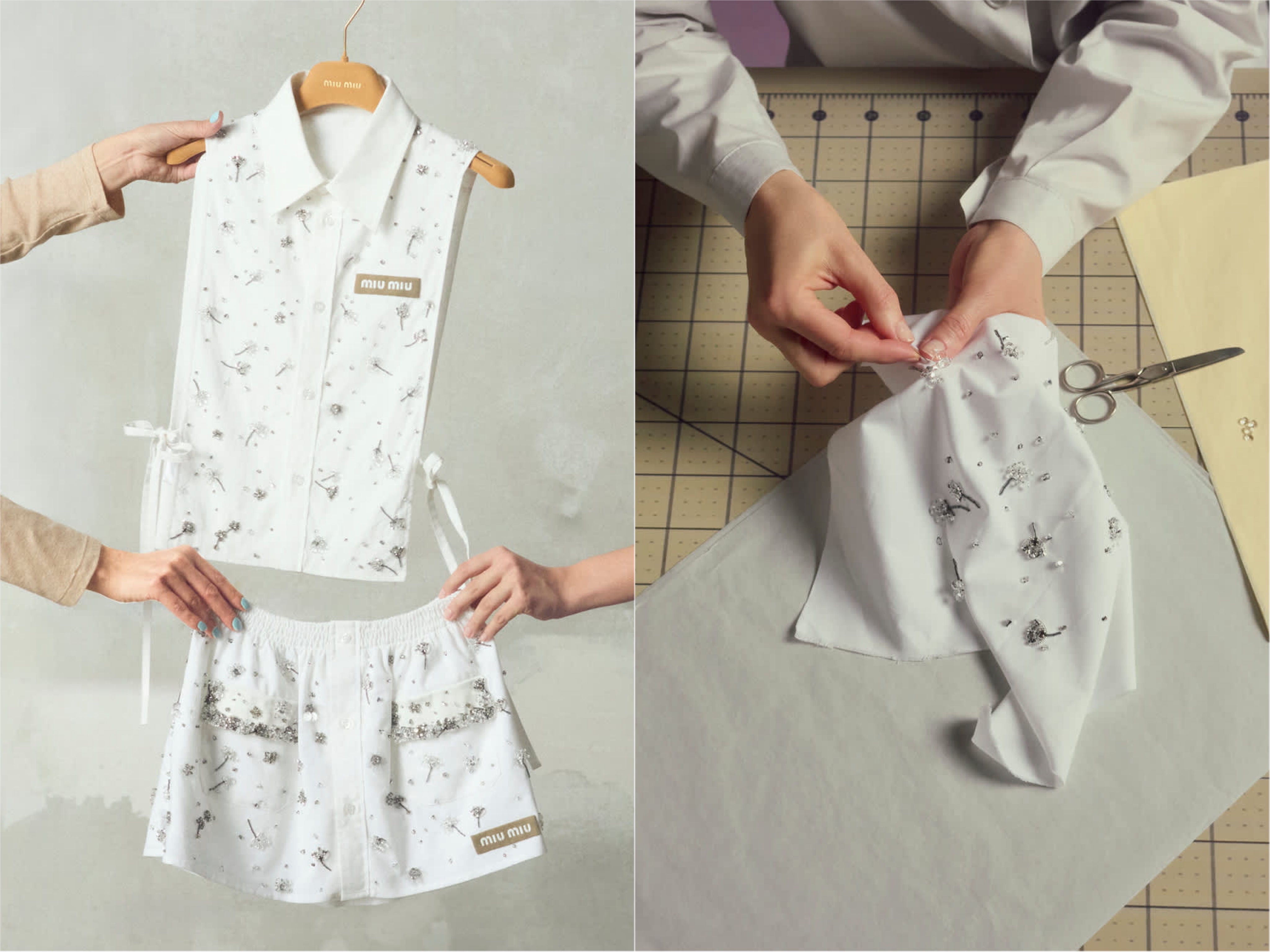 MIU MIUがアップサイクルコレクションの新作を発表。 シャツとチノパンツがロマンティックな一点ものへ。
